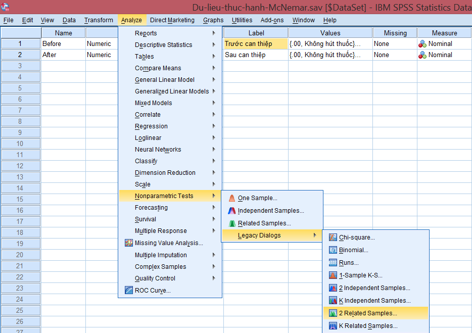 Hướng dẫn truy cập công cụ kiểm định McNemar trong SPSS Giao diện menu Analyze - Nonparametric Tests - Legacy Dialogs - 2 Related Samples trong SPSS