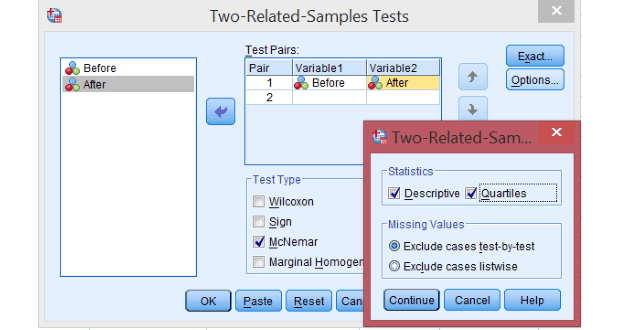 Cấu hình kiểm định McNemar với biến trước và sau can thiệp Cửa sổ Two-Related-Samples Tests với thiết lập biến Before và After, lựa chọn kiểm định McNemar