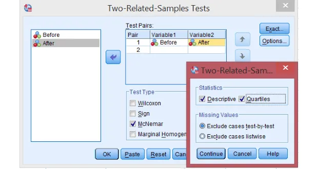 Cửa sổ Two-Related-Samples Tests với thiết lập biến Before và After