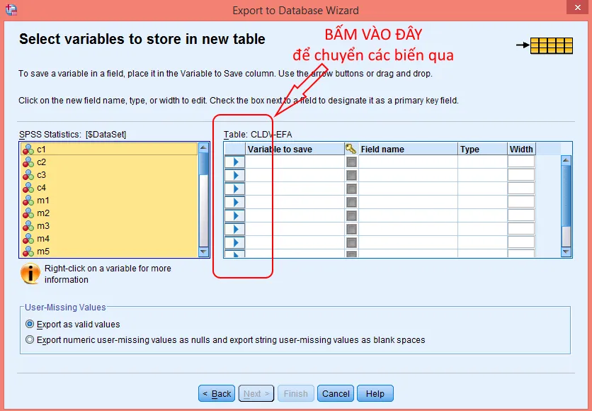 Quy trình export dataset từ Data Editor sang Excel với lựa chọn biến Xuất dữ liệu từ Data Editor của SPSS sang file Excel