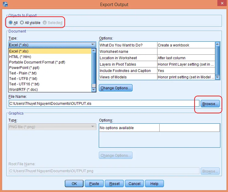 Các tùy chọn export output từ SPSS sang định dạng Excel Giao diện xuất dữ liệu từ SPSS Output Viewer sang Excel