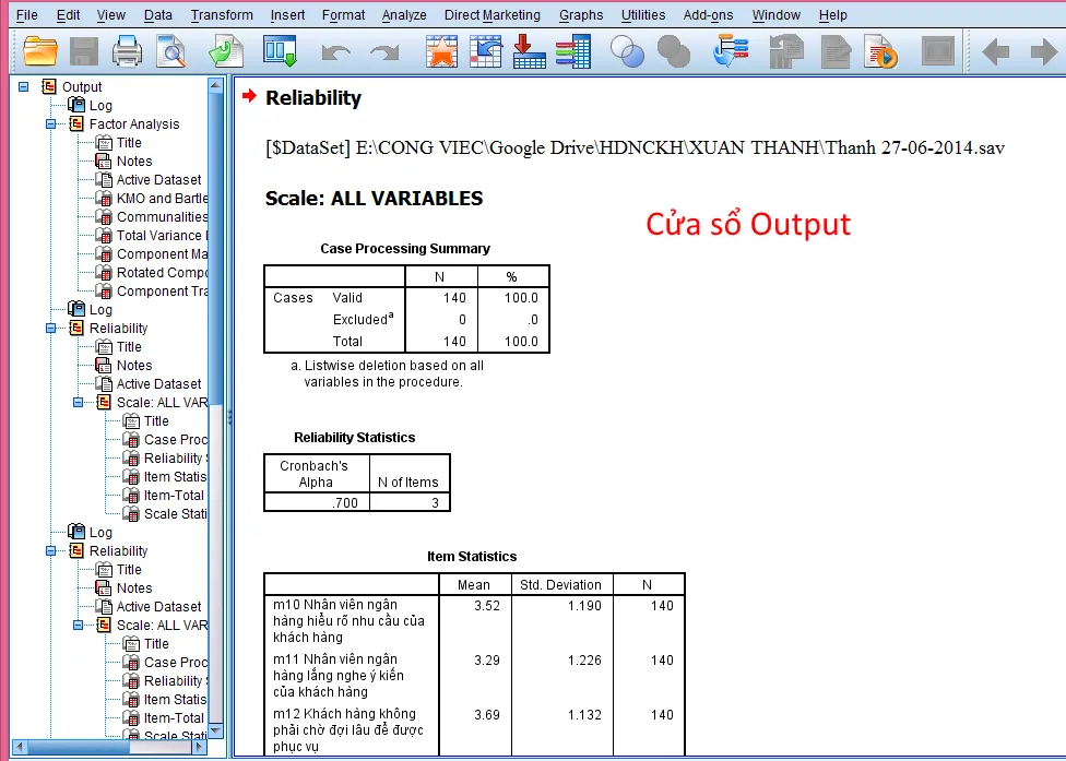 Giao diện cửa sổ kết quả SPSS với các bảng phân tích và biểu đồ