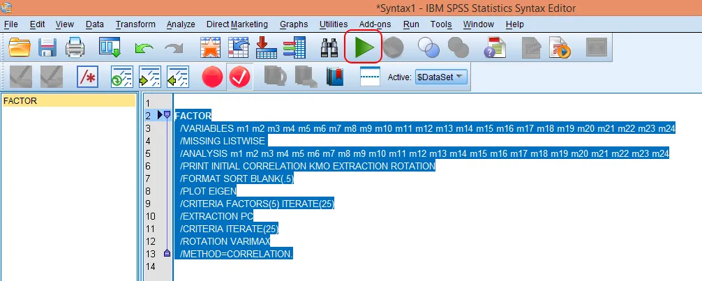 Giao diện cửa sổ câu lệnh SPSS với code syntax và các nút thực thi