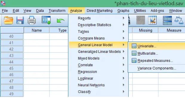 Hướng dẫn truy cập công cụ phân tích ANOVA hai chiều trong SPSS Giao diện menu Analyze - General Linear Model - Univariate trong SPSS