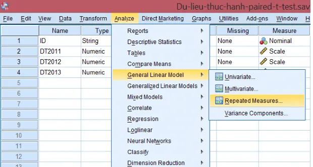 Hướng dẫn truy cập công cụ phân tích ANOVA đo lường lặp lại một chiều Giao diện menu Analyze - General Linear Model - Repeated Measures trong SPSS