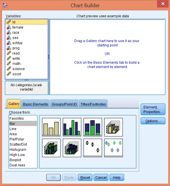 Giao diện chính của Chart Builder với các tùy chọn tạo đồ thị Giao diện cửa sổ Chart Builder trong SPSS