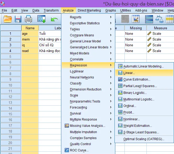 Hướng dẫn truy cập công cụ hồi quy tuyến tính Giao diện menu Analyze - Regression - Linear trong SPSS