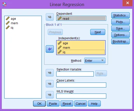Giao diện thiết lập biến cho hồi quy tuyến tính đa biến Cửa sổ Linear Regression với biến read làm dependent và age, mem, iq làm independent