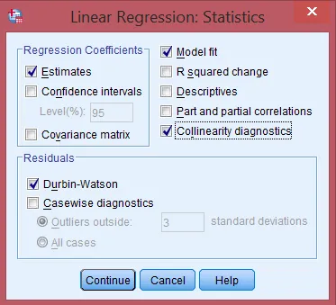 Cấu hình tùy chọn thống kê cho hồi quy tuyến tính đa biến Cửa sổ Statistics với các tùy chọn Estimates, Model fit, Collinearity diagnostics và Durbin-Watson được chọn