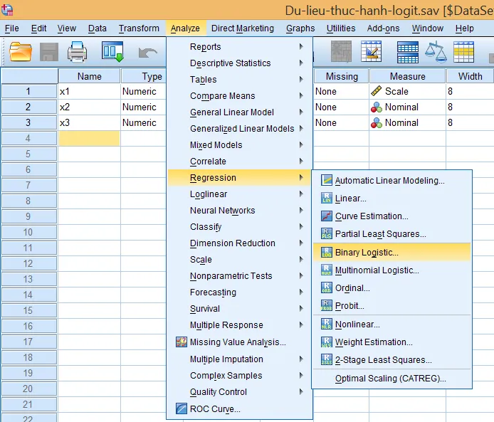 Hướng dẫn truy cập công cụ hồi quy logit nhị phân Giao diện menu Analyze - Regression - Binary Logistic trong SPSS