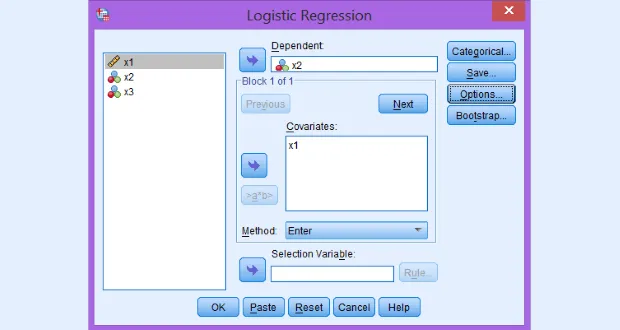 Giao diện chính để thiết lập biến phụ thuộc và biến độc lập Cửa sổ Logistic Regression với các tùy chọn thiết lập biến