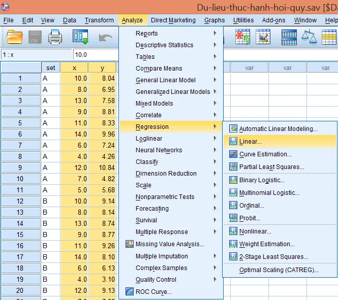 Hướng dẫn truy cập chức năng hồi quy tuyến tính từ menu chính SPSS Giao diện menu Analyze - Regression - Linear trong SPSS