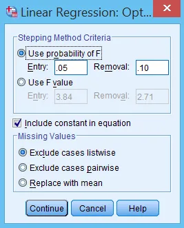 Bảo đảm mô hình bao gồm hệ số chặn cho kiểm định Durbin-Watson Thiết lập Options với Include constant in equation