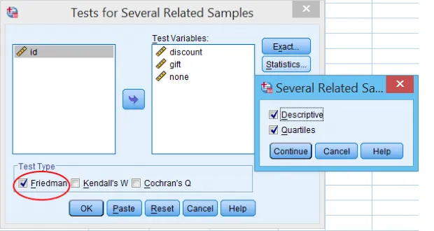 Hướng dẫn thiết lập biến và tham số cho kiểm định Friedman trong SPSS Giao diện cửa sổ Tests for Several Related Samples với thiết lập biến và tham số
