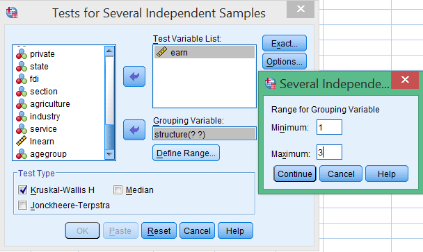 Cửa sổ Tests for Several Independent Samples với cấu hình biến