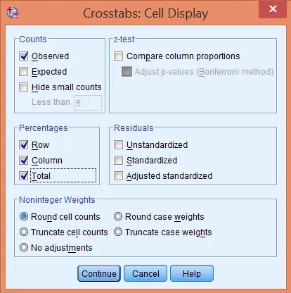 Thiết lập hiển thị thông tin trong bảng crosstab Cửa sổ Cells với các tùy chọn hiển thị thông tin