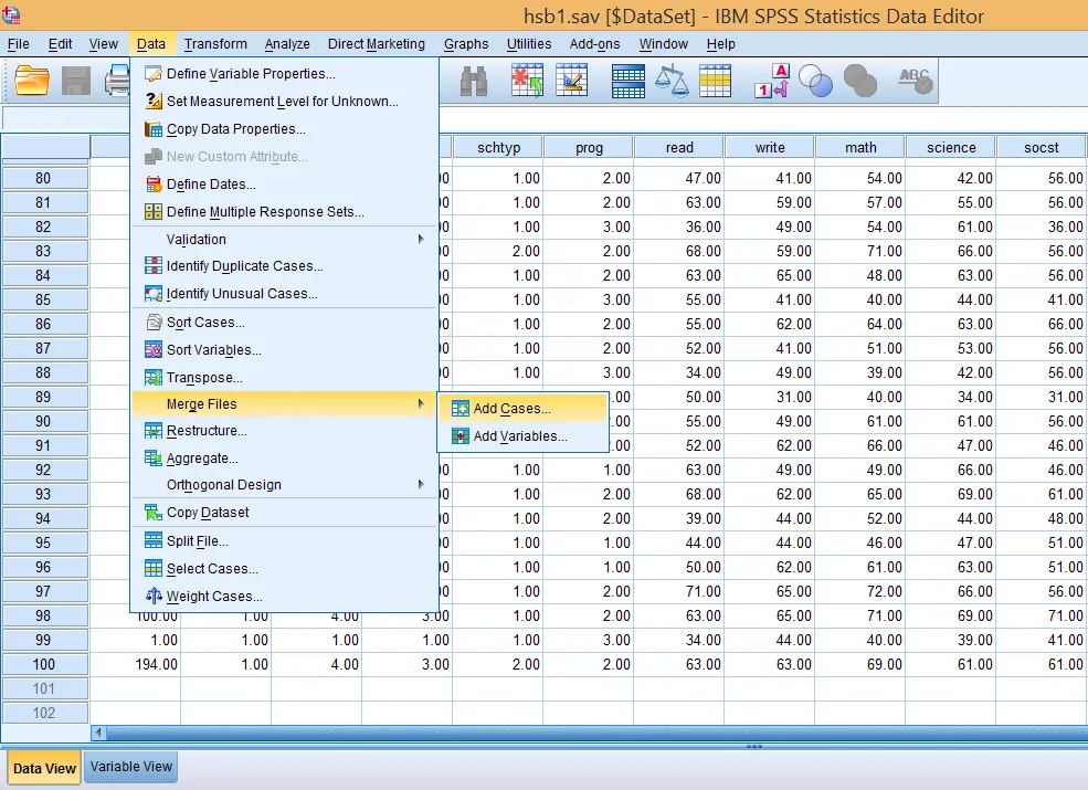Hướng dẫn truy cập chức năng thêm quan sát trong SPSS Giao diện chọn Add Cases từ menu Data - Merge Files