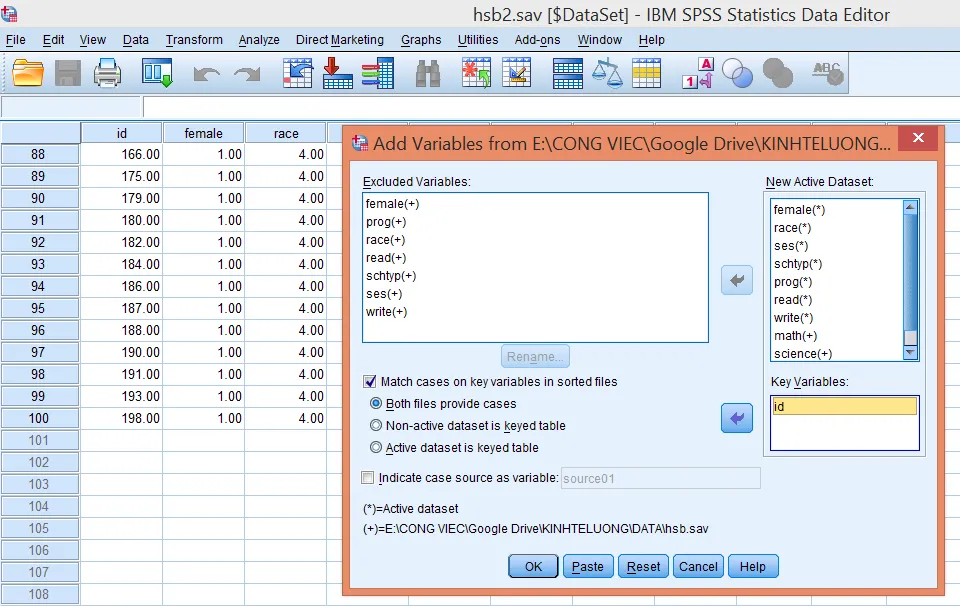 Tùy chọn nối dữ liệu từ cả hai file trong SPSS Giao diện chọn Both files provide cases
