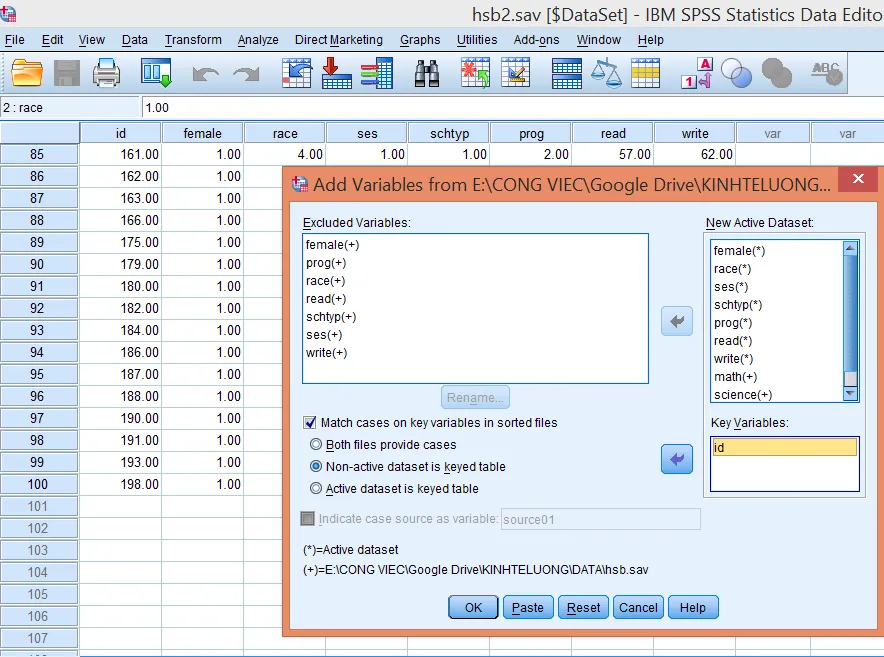 Tùy chọn sử dụng file external làm bảng khóa trong SPSS Giao diện chọn Non-active dataset is keyed table