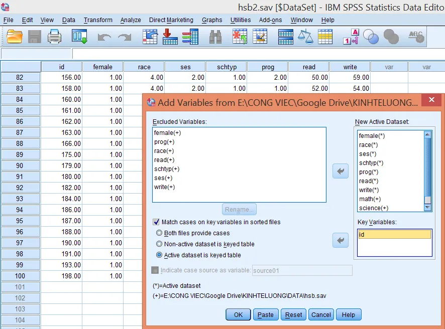 Tùy chọn sử dụng file hiện hành làm bảng khóa trong SPSS Giao diện chọn Active dataset is keyed table