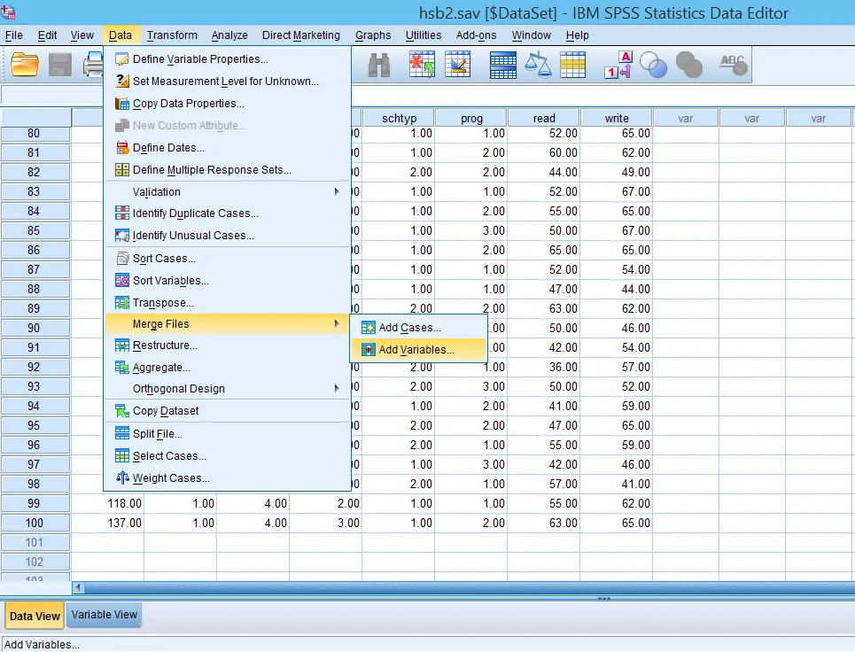 Hướng dẫn truy cập chức năng thêm biến trong SPSS Giao diện chọn Add Variables từ menu Data - Merge Files