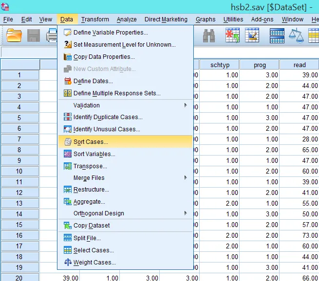 Truy cập chức năng sắp xếp dữ liệu trong SPSS Giao diện chọn Sort Cases từ menu Data