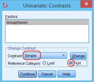 Cấu hình Contrasts cho so sánh nhóm trong phân tích hiệp phương sai Cửa sổ Univariate Contrasts với thiết lập Simple và First