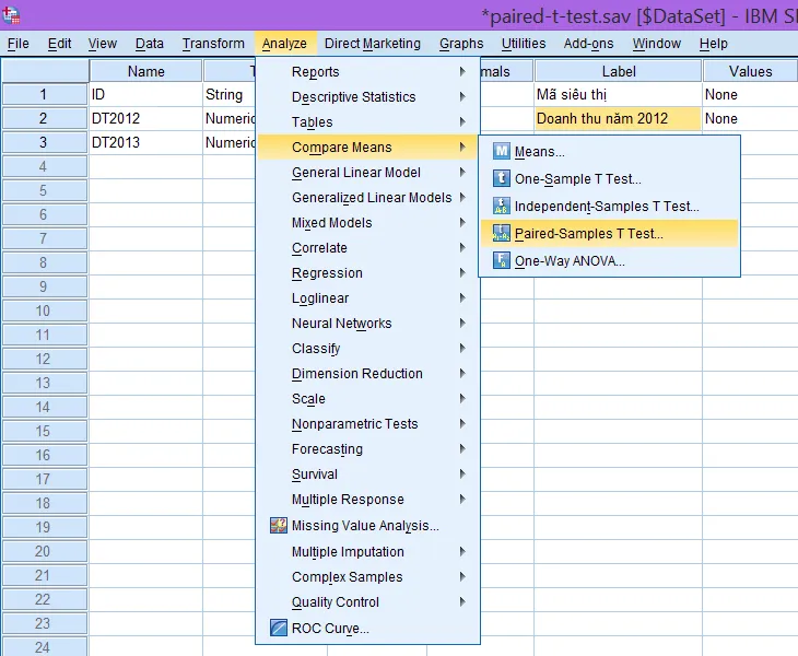 Hướng dẫn truy cập công cụ kiểm định t-test cặp đôi trong SPSS Giao diện menu Analyze - Compare Means - Paired-Samples T Test trong SPSS