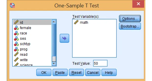 Giao diện cấu hình kiểm định t-test với biến math và giá trị kiểm định 50 Cửa sổ One-Sample T Test với cấu hình biến math và test value 50 trong SPSS