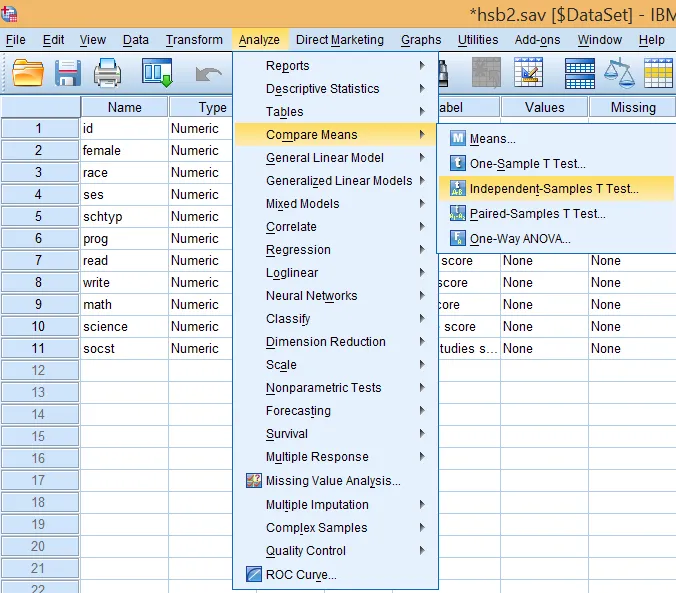 Hướng dẫn truy cập công cụ kiểm định t-test trung bình 2 mẫu độc lập Menu Analyze - Compare Means - Independent-Samples T Test trong SPSS