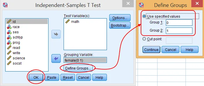 Hướng dẫn thiết lập nhóm so sánh trong kiểm định t-test độc lập Cửa sổ Define Groups trong SPSS cho kiểm định t-test