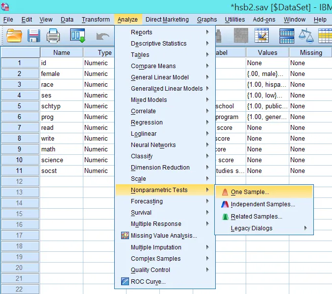 Truy cập kiểm định One-Sample Nonparametric Tests Menu Analyze - Nonparametric Tests - One Sample trong SPSS