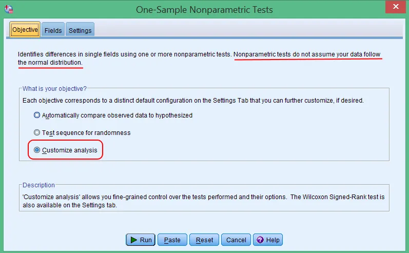 Tab Objective giải thích điều kiện áp dụng kiểm định Tab Objective trong One-Sample Nonparametric Tests