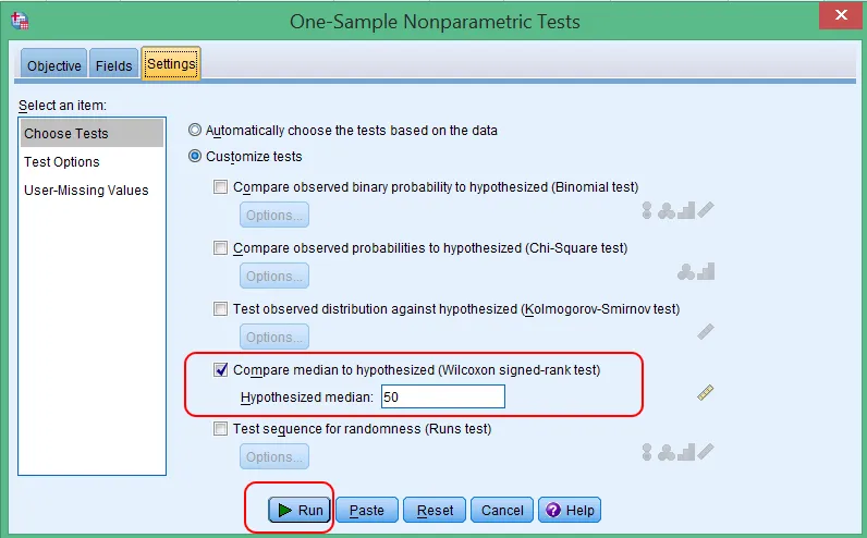 Thiết lập Wilcoxon Signed-rank test so sánh với trung vị 50 Nhập giá trị kiểm định 50 tại tab Settings