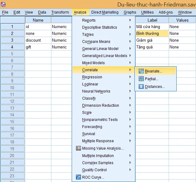 Giao diện menu Analyze - Correlate - Bivariate trong SPSS